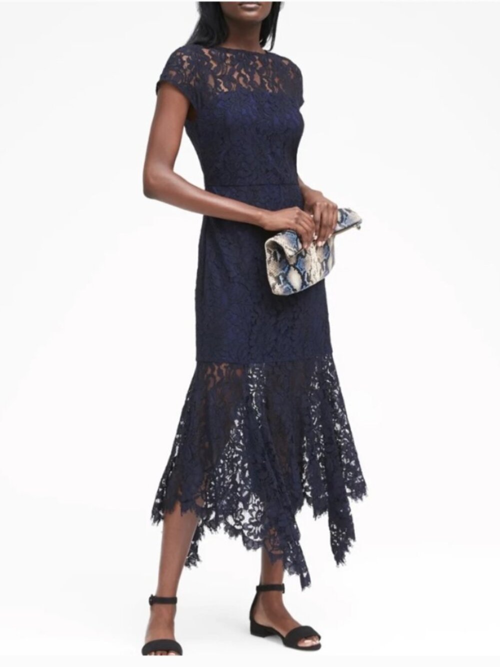 Banana Republic Petite Navy Blue Floral Lace Short Sleeve Midi Dress 12P